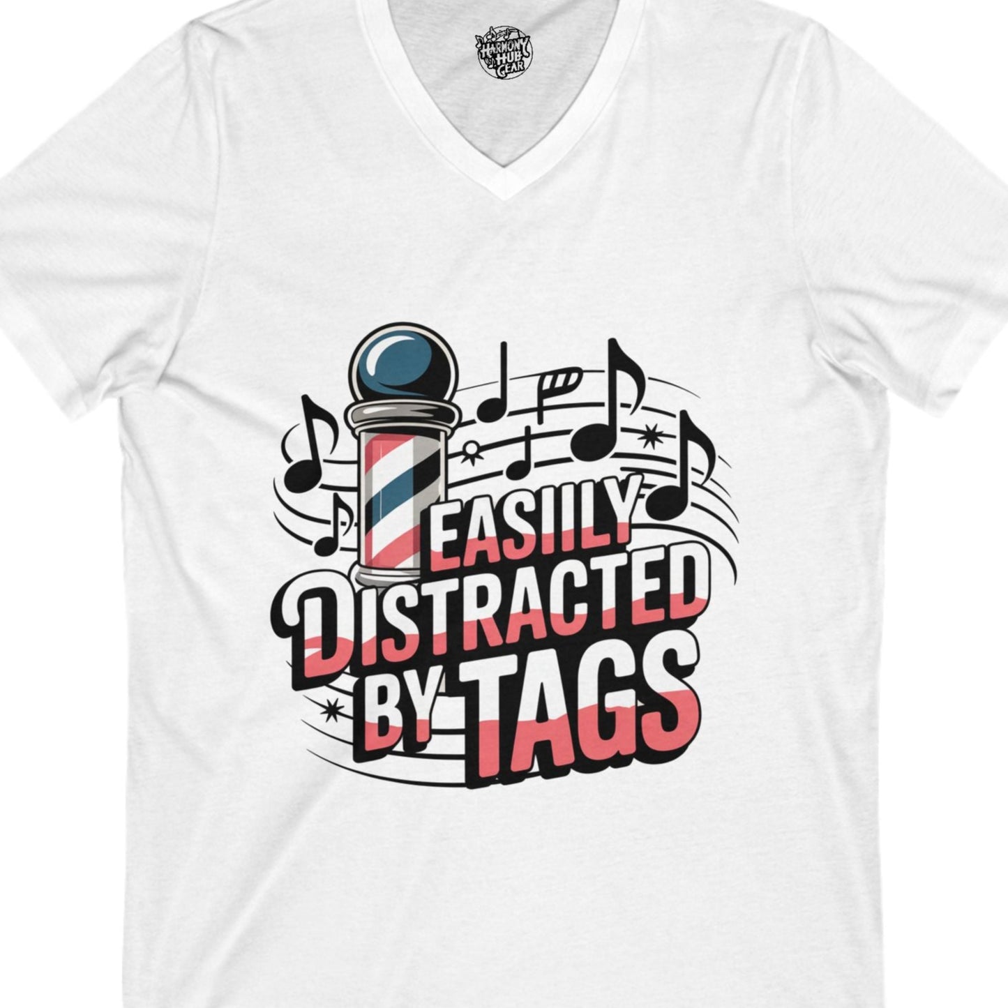 Easily Distracted by Tags V-Neck Unisex Tee