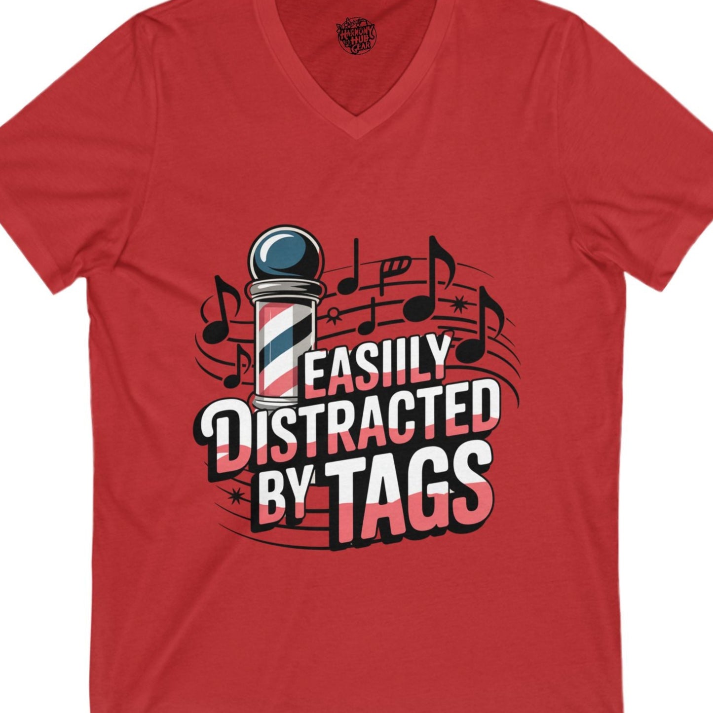 Easily Distracted by Tags V-Neck Unisex Tee